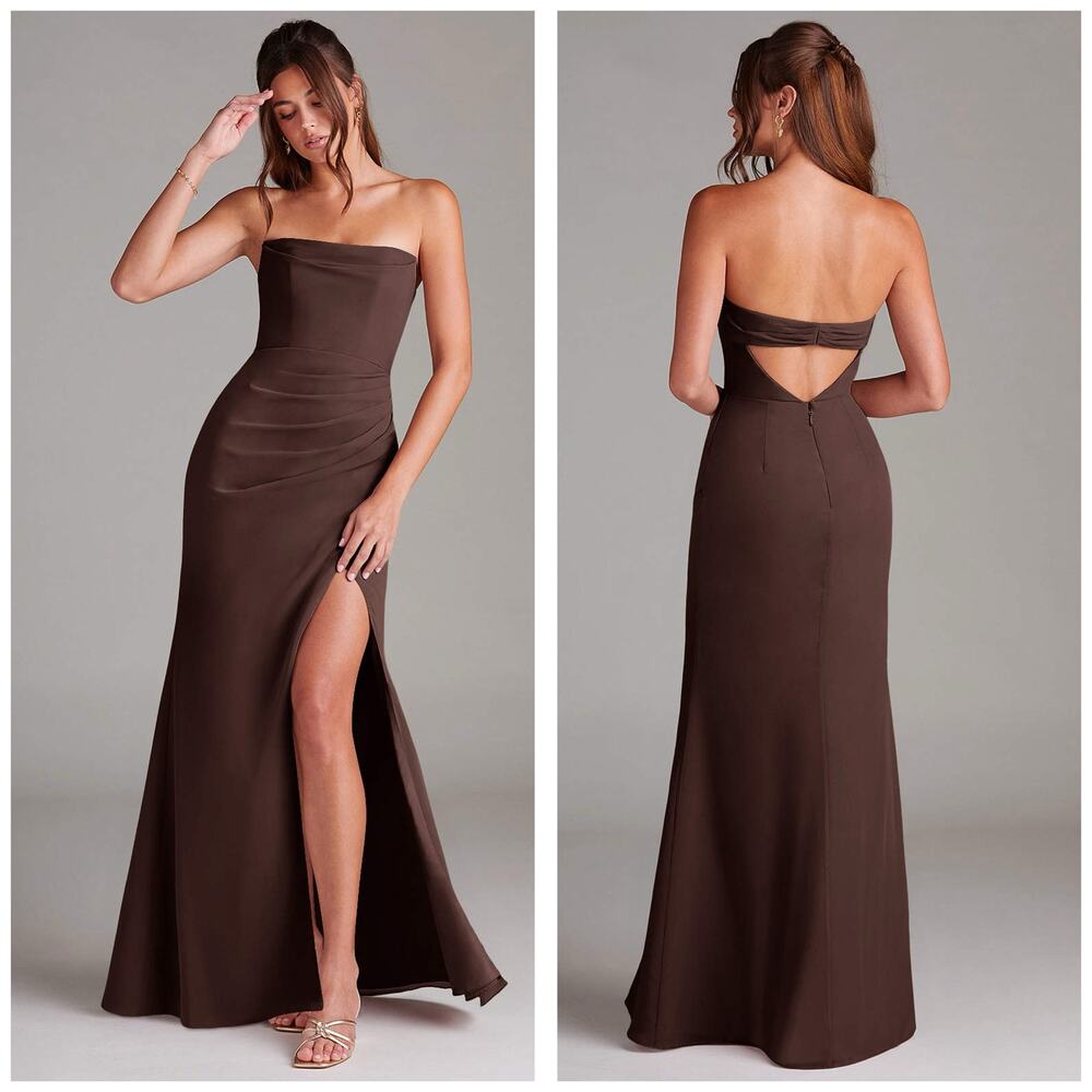 Azazie Ganache Sheath Strapless Chiffon Convertible Maxi Dress Size 6 Brown Gown